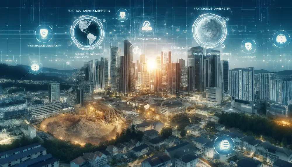 An innovative cityscape image showcasing the transformation of traditional assets into bankable investments through the Swiss SPV system. Features digital overlays of fractional ownership and security tokens, representing global and UAE investment opportunities.