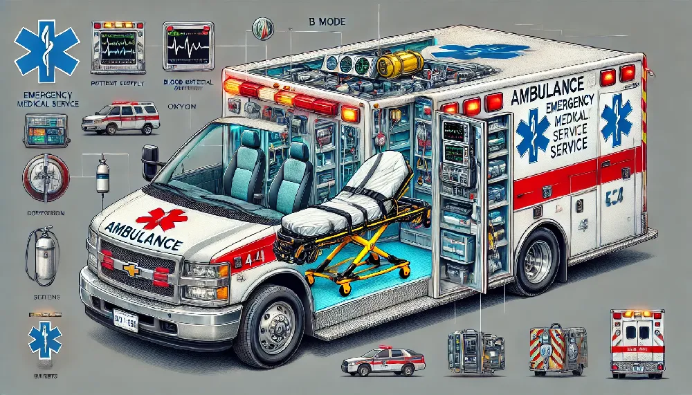 This image includes the key features of the ambulance, such as the stretcher, oxygen supply systems, AED, basic monitoring tools, safety straps, and seating for EMTs, as well as the exterior emergency medical service markings, lights, and sirens.