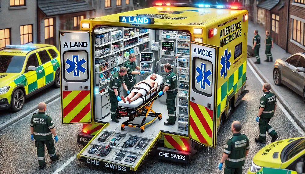 A detailed illustration of an Ambulance A Mode showcasing its advanced medical equipment with the names "A Land" and "CHE Swiss