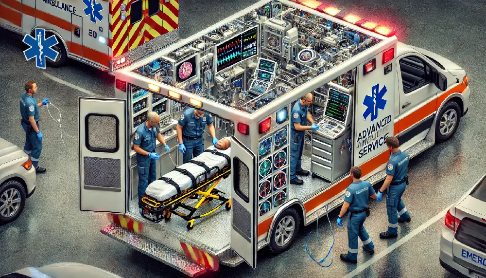 An advanced Ambulance A Mode in action, with paramedics providing care to a patient inside, featuring the names "A Land" and "CHE Swiss