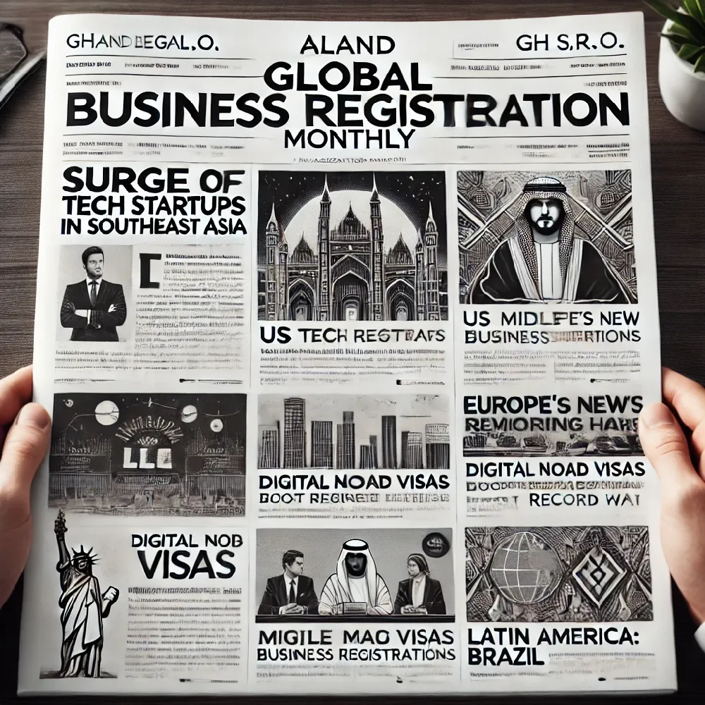 ALand Global Business Registration Monthly" in association with GH Legal s.r.o., featuring various global business registration news. The design includes articles on tech startups in Southeast Asia, Europe's new unified registration portal, record-high LLC registrations in the U.S., Dubai's business hub initiative, and more.