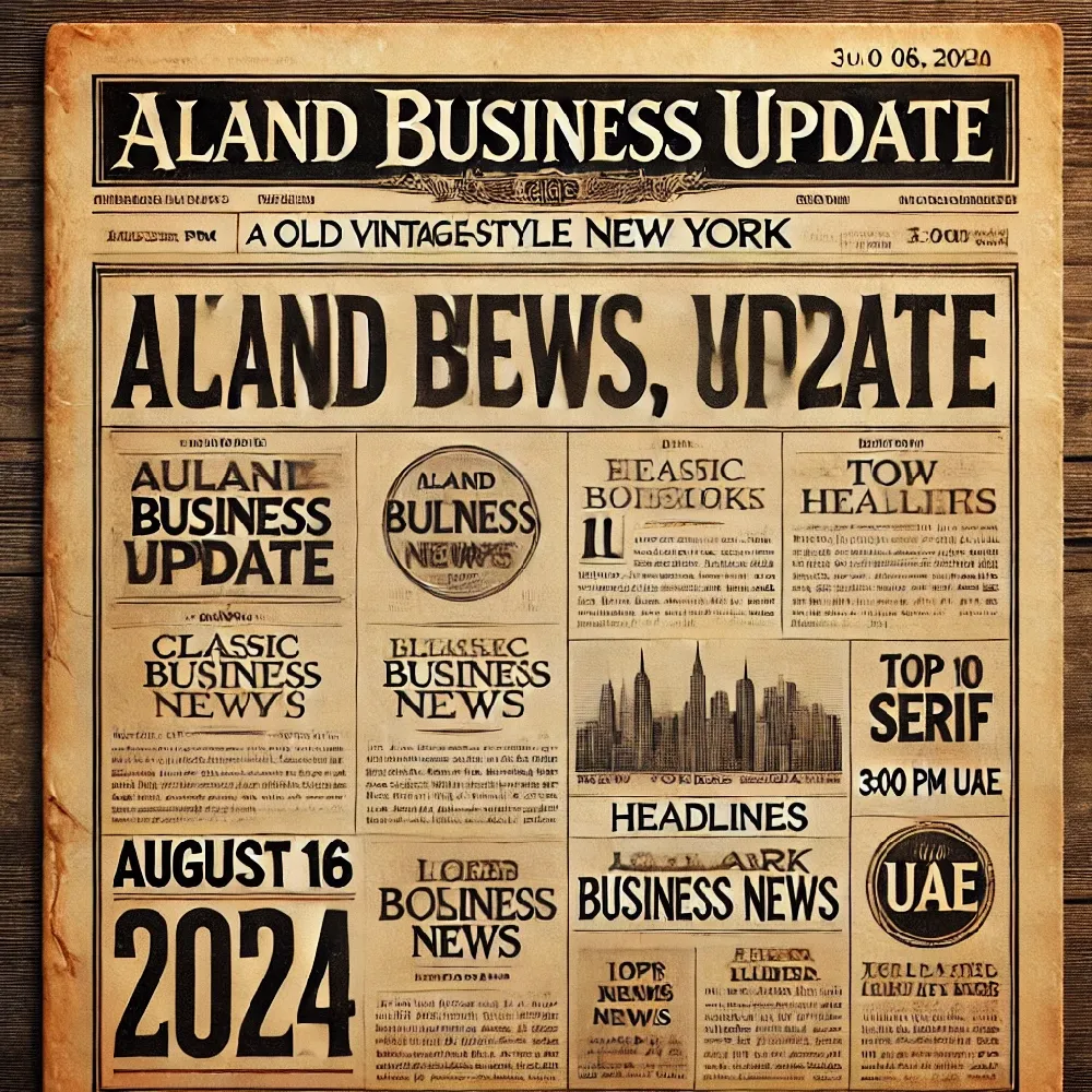 Here is the vintage New York-style newspaper image featuring the ALand Business Update for August 16, 2024. The design captures the classic look of early 20th-century newspapers, with bold headlines and summaries of the top business news stories. The weathered, yellowed paper adds an authentic touch to the overall aesthetic.