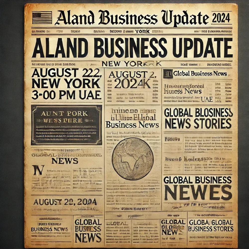 Here is the vintage New York-style newspaper image featuring the ALand Business Update for August 22, 2024. The design includes summaries of the top global business news stories, organized in a classic and professional format that evokes the look of early 20th-century newspapers.